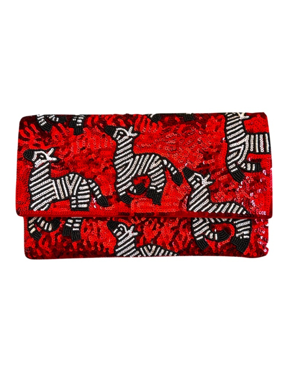 Zebra Crossbody Clutch Bag, Red Sequin Beaded Bag, Lily Posh